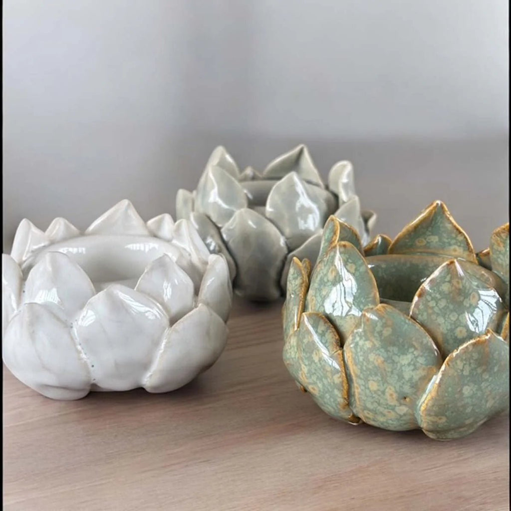 Ceramic Lotus Flower Tealight Holder - Grey or Green - Distinctly Living