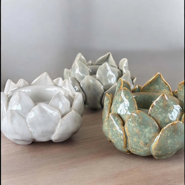 Ceramic Lotus Flower Tealight Holder - Grey or Green - Distinctly Living