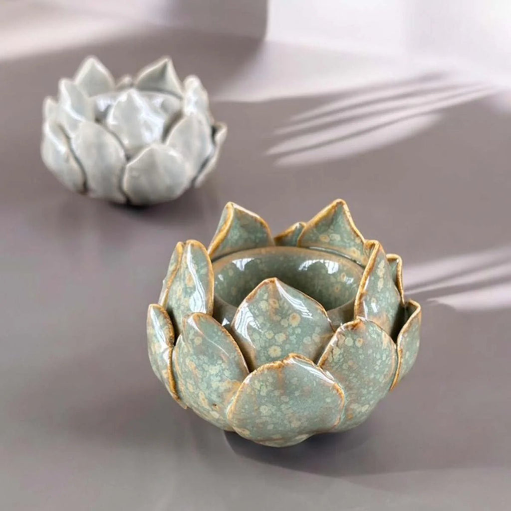 Ceramic Lotus Flower Tealight Holder - Grey or Green - Distinctly Living