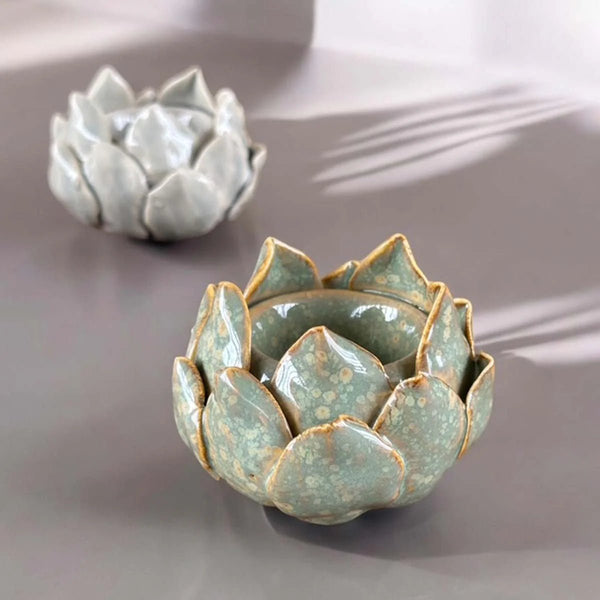 Ceramic Lotus Flower Tealight Holder - Grey or Green - Distinctly Living