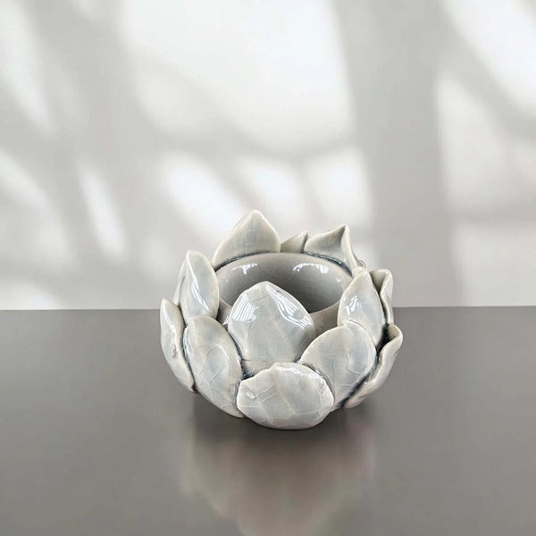 Ceramic Lotus Flower Tealight Holder - Grey or Green - Distinctly Living