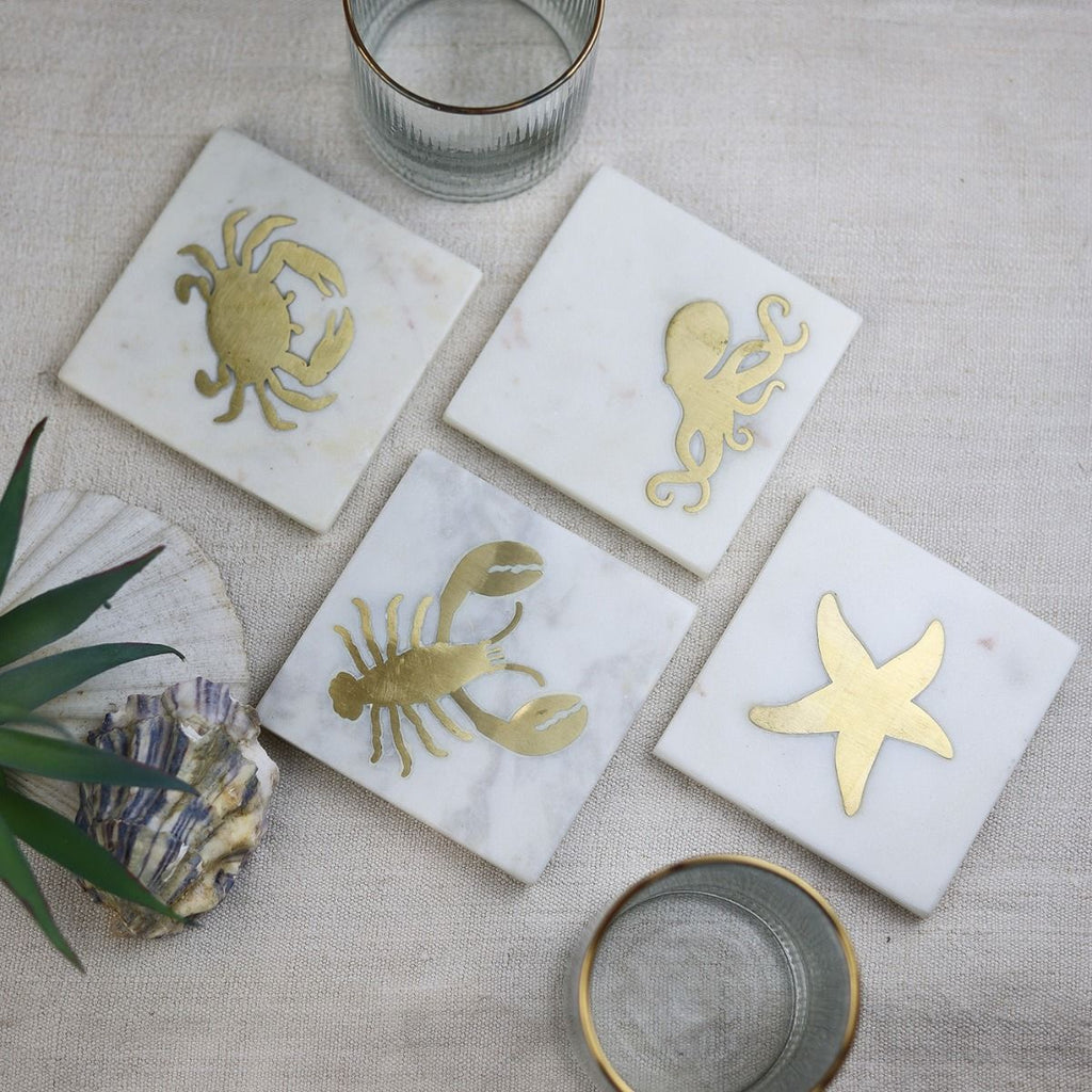 Marble Coasters with Brass Sea Life - Set of 4 - Distinctly Living