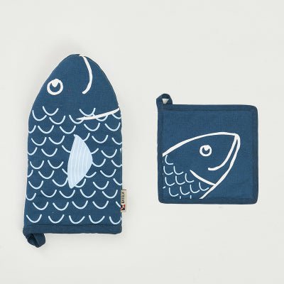 Navy Fish Oven Glove/Mitt and Matching Pot Grab - Distinctly Living