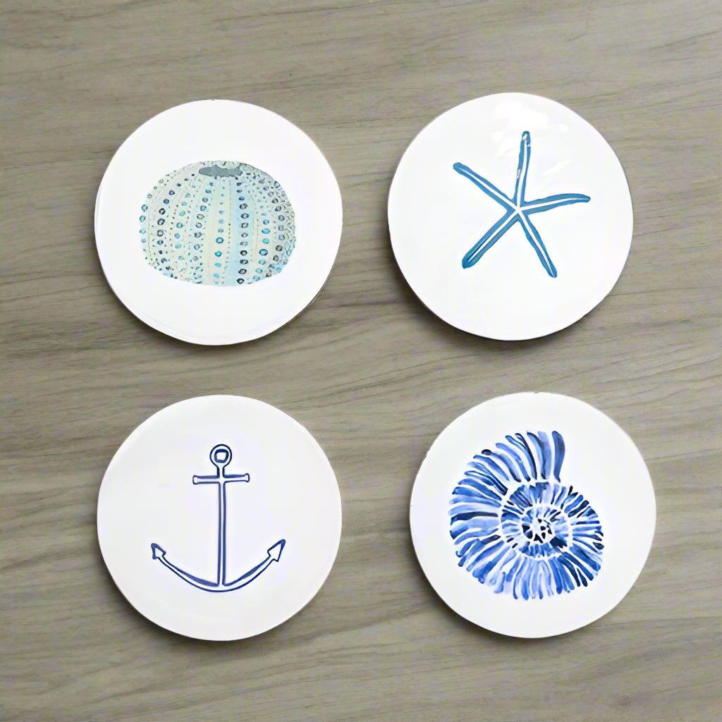 Set of 4 Coastal Enamelled Wood Coasters - Distinctly Living