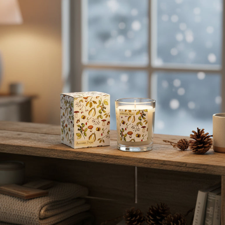 Candle with decorative packaging featuring autumn-themed illustrations on a white background