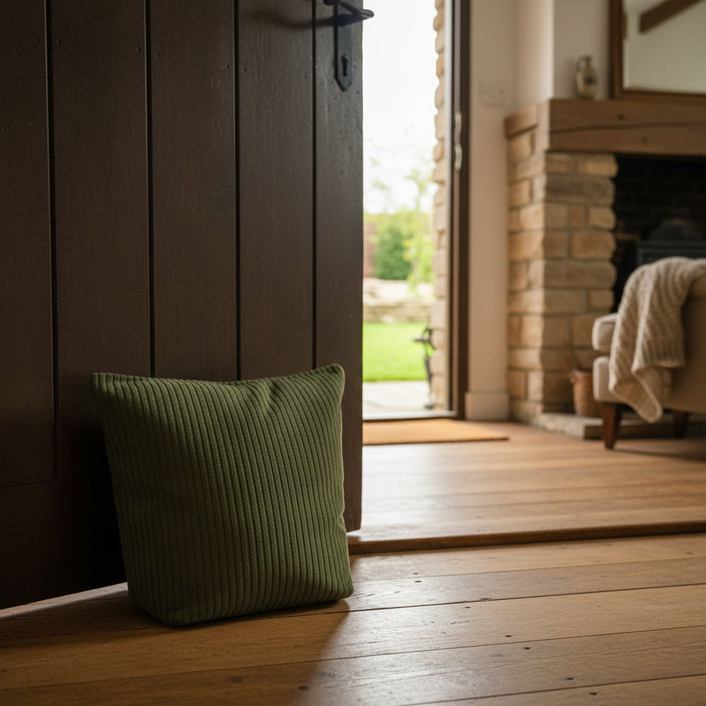 Green ribbed cushion on a carpeted floor with a blurred background