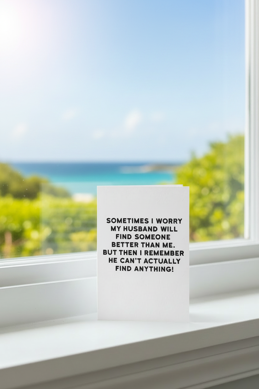 Card with humorous text about a husband finding someone better than his wife, on a white background with a red border.