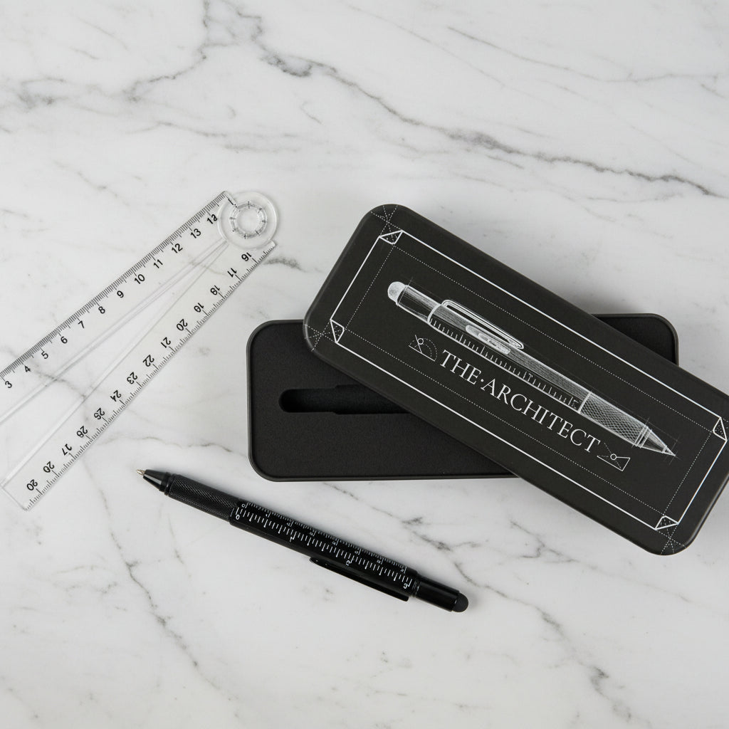 Pencil case labeled 'The Architect' with a pen and ruler on a dark background