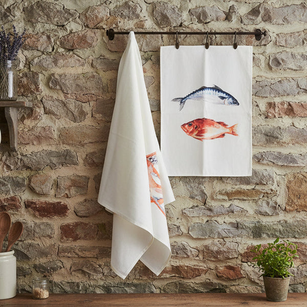 Set of four cards with illustrations of fish, squid, and octopus on a white background