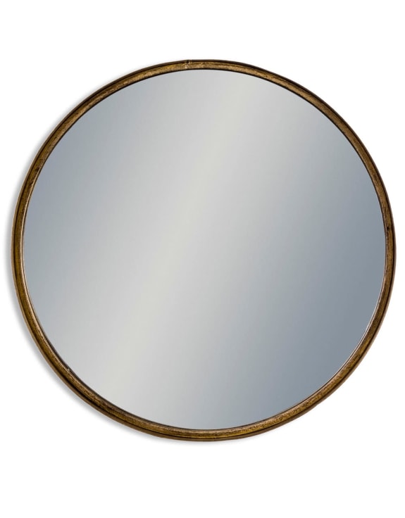 Round wall mirror with antique gold frame, 80cm diameter, white background