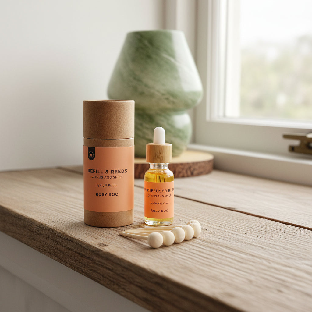 Refill and reeds diffuser bottle with packaging and wooden sticks on a light surface.