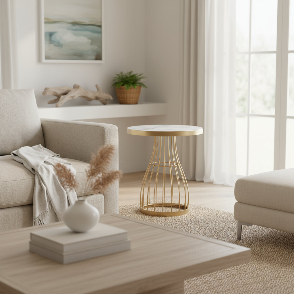 Small round table with a white top and gold metal base on a white background