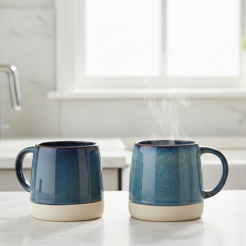 Two blue ceramic mugs with white bottoms on a white background