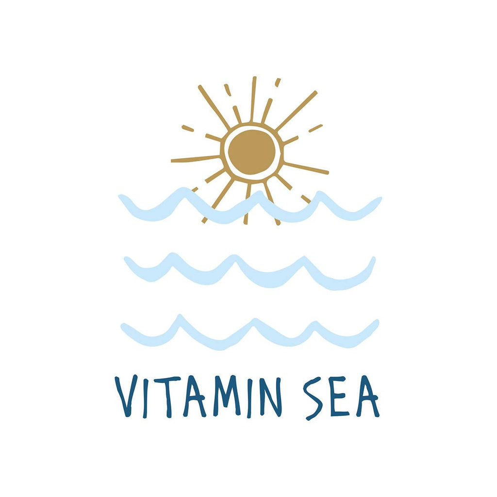 A minimalist graphic logo featuring a gold sun above three light blue ocean waves, with the text 'VITAMIN SEA' in dark blue below, on a solid white background.