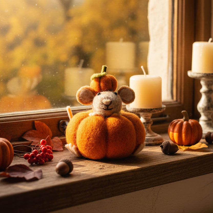 A felted wool plush toy of a gray mouse sitting inside a large orange pumpkin, with a smaller orange pumpkin and green stem on its head, isolated on a white background.