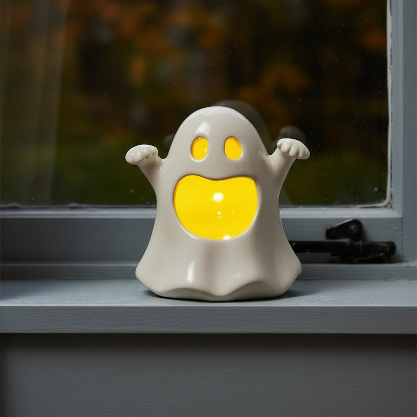 A glossy white ghost-shaped night light with a bright yellow glowing mouth and yellow eyes, shown on a plain white background.