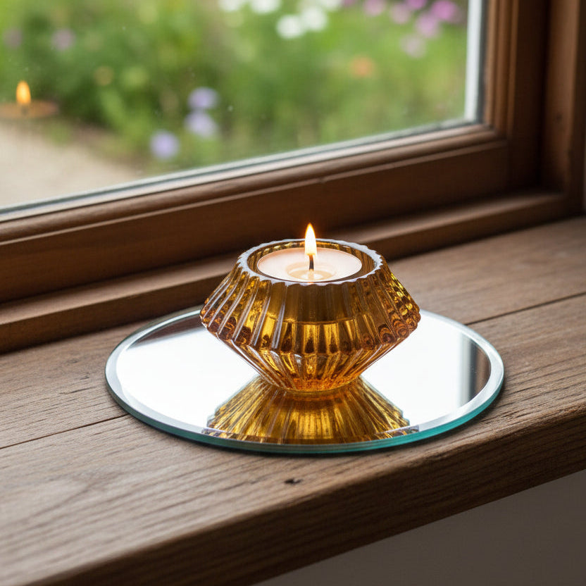Decorative candle holder with a candle inside on a white background