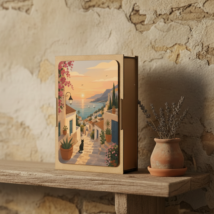 A rectangular wooden box with a hinged cover, featuring an illustrated coastal village scene on the front. The artwork shows a sunset over the sea, pink flowering vines, potted plants, and a black cat sitting on a stone path.