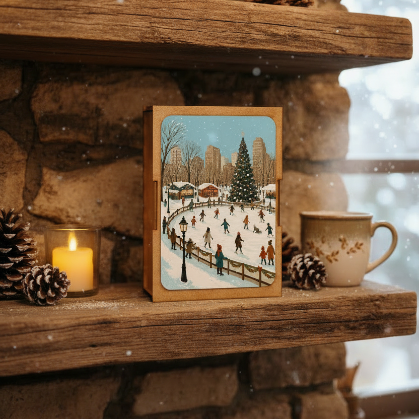 A square wooden gift box with rounded corners and a hinged lid, featuring a winter city scene printed on the front. The artwork shows a snowy park with an ice rink, a large Christmas tree, city buildings, and people skating in the snow.
