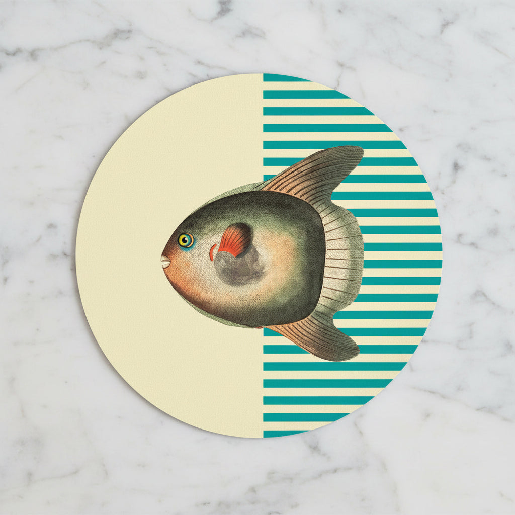 Round coaster with a fish illustration on a striped background
