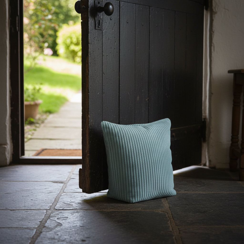 Light blue textured pillow on a white carpet with a blurred fireplace in the background