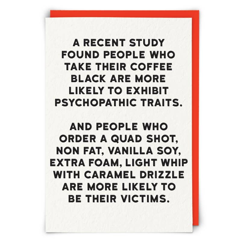 Card with humorous text about coffee preferences and traits