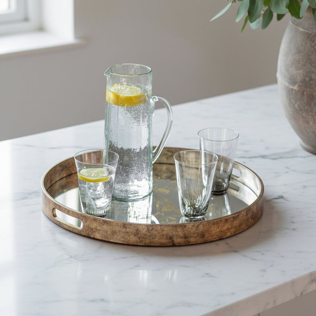 Tray with a pitcher and glasses of water with lemon slices on a wooden table.