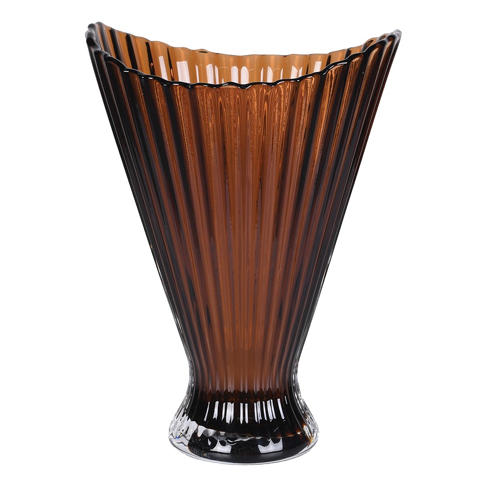 Brown ribbed glass vase on a white background