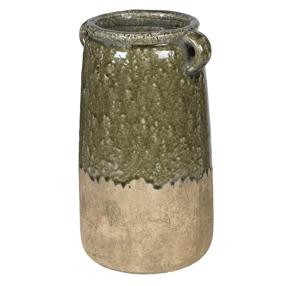 Reactive glaze ceramic jug vase in olive green with raw sandy clay base
