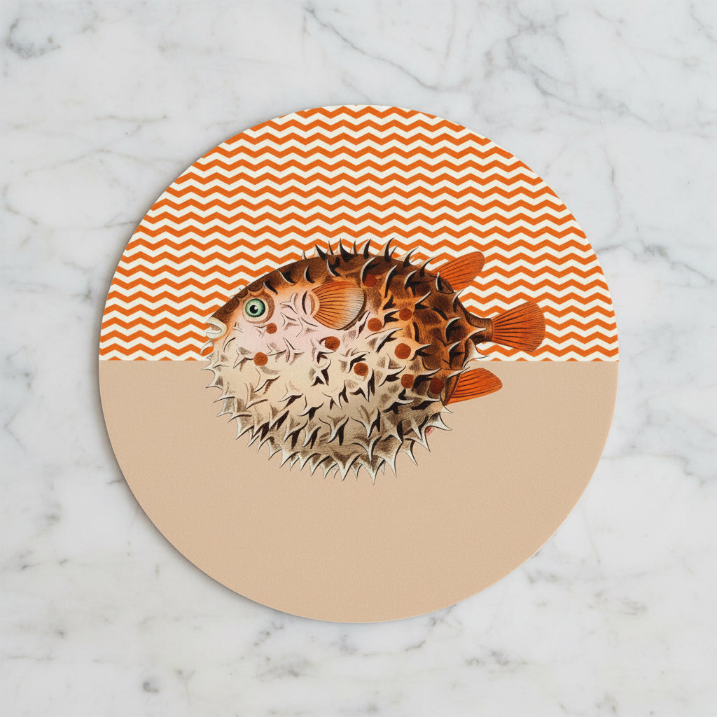 Illustration of a puffer fish on a circular background with orange and beige pattern