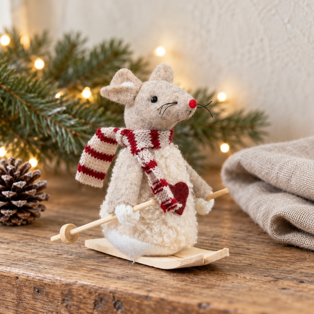 Alpine White Skiing Mouse Christmas Decoration with a striped red scarf and wooden skis in a rustic Nordic setting