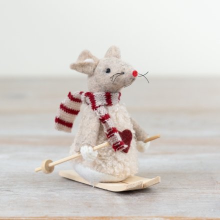 Original supplier photograph of the white felt skiing mouse with red heart, striped scarf and wooden skis