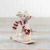 Original supplier photograph of the white felt skiing mouse with red heart, striped scarf and wooden skis
