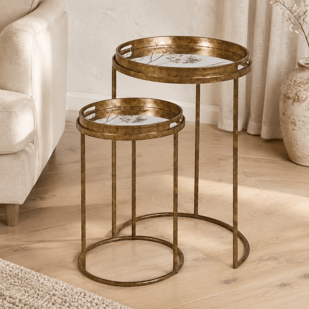 Antique Gold Seed Head Round Tray Table Nest of 2 - Distinctly Living