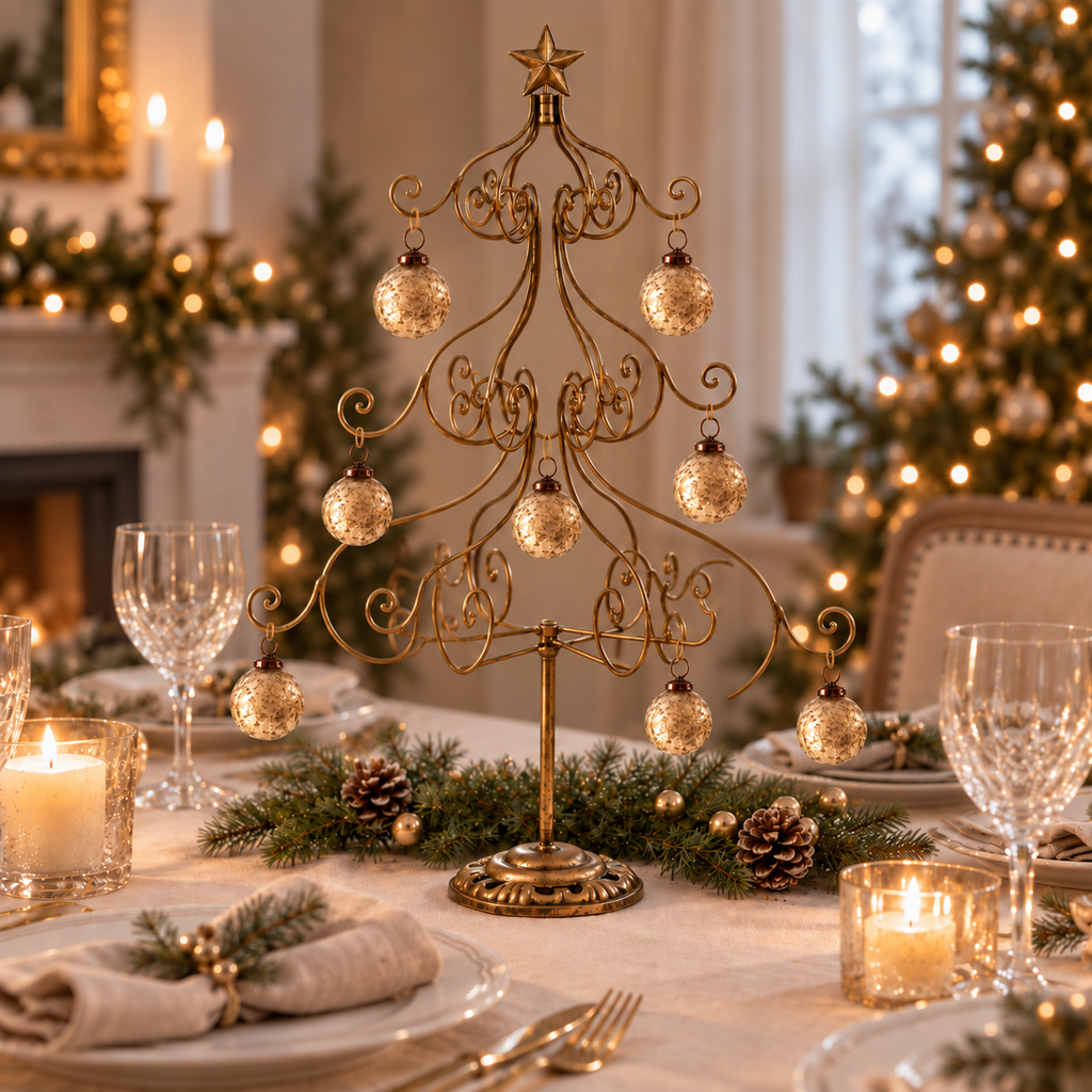 Aurelio gold bauble display tree styled with small gold baubles on a Christmas dining table