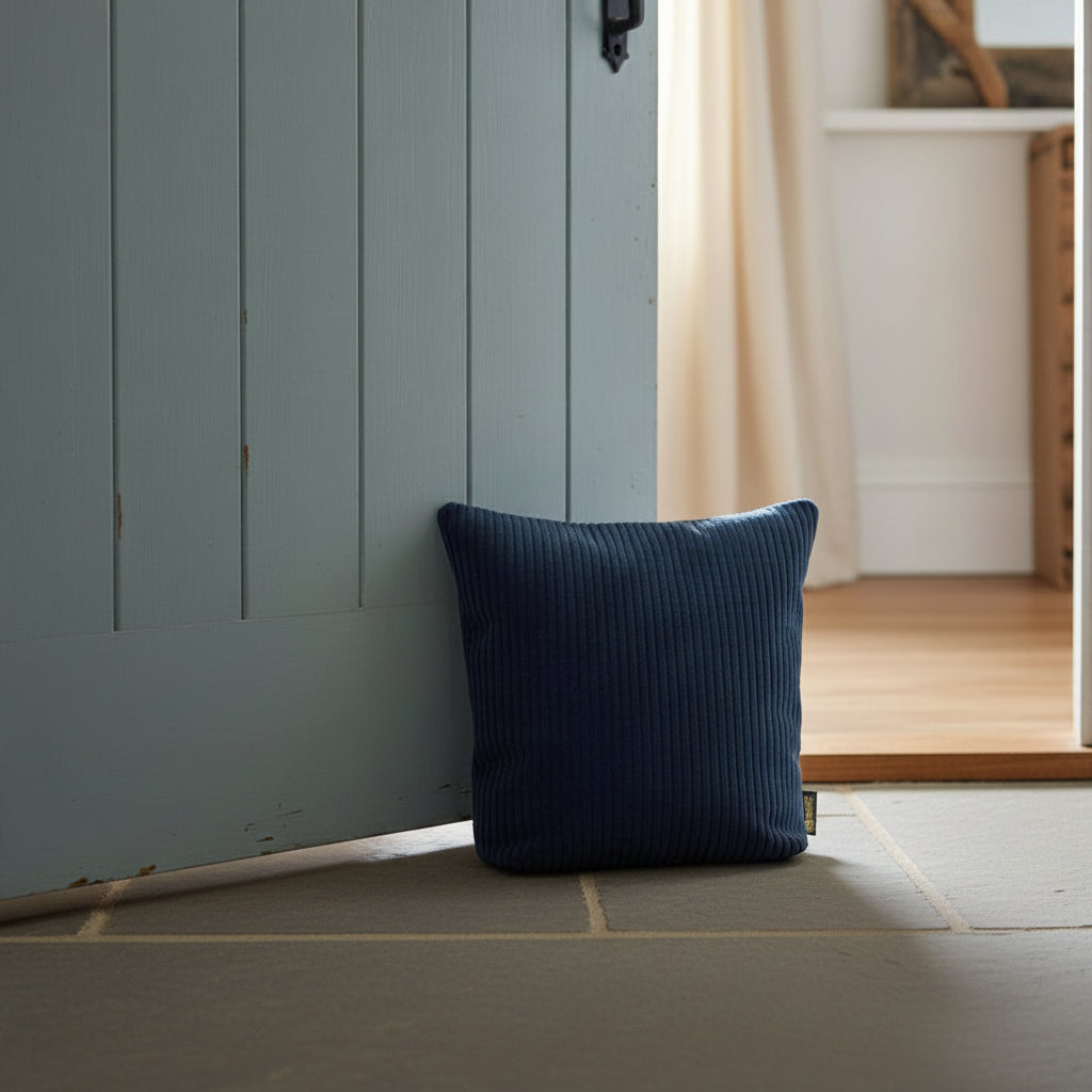 Blue ribbed pillow on a carpeted floor