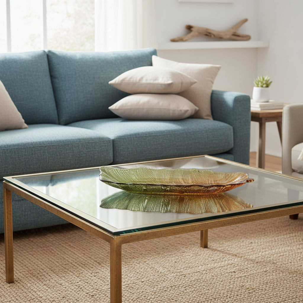 A long, leaf-shaped glass serving platter with a wavy rim, featuring a textured olive-green outer edge and a warm amber-gold center, displayed on a rustic wooden table in a cozy living room setting.