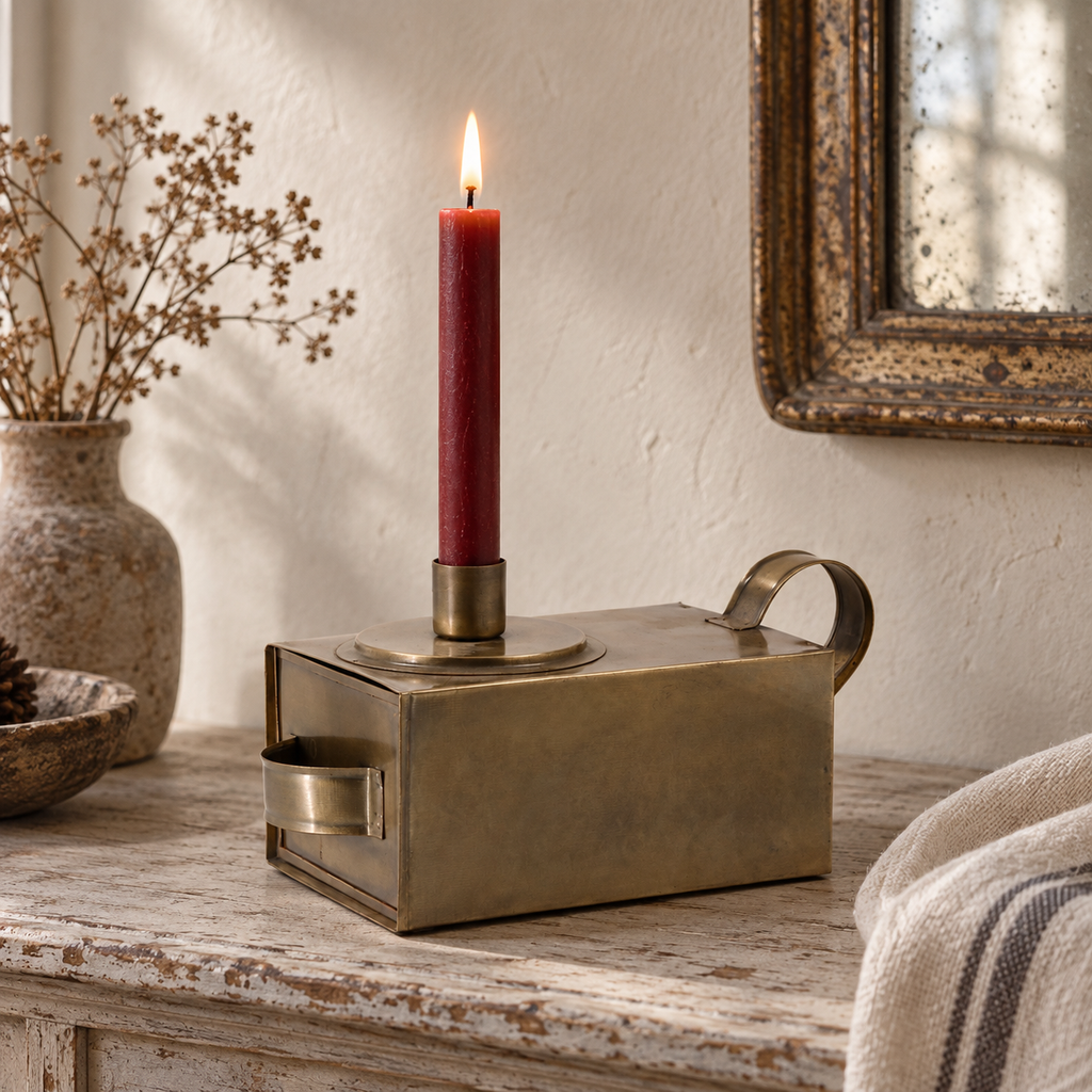 Bastien antique brass candle box styled with a lit dark red dinner candle