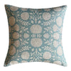 Bellora sky blue cushion showing cream flowers and curling leafy stems