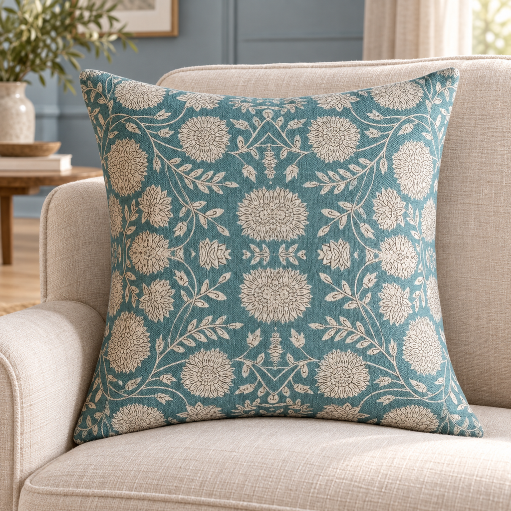 Bellora blue floral cushion with cream botanical print on a linen armchair