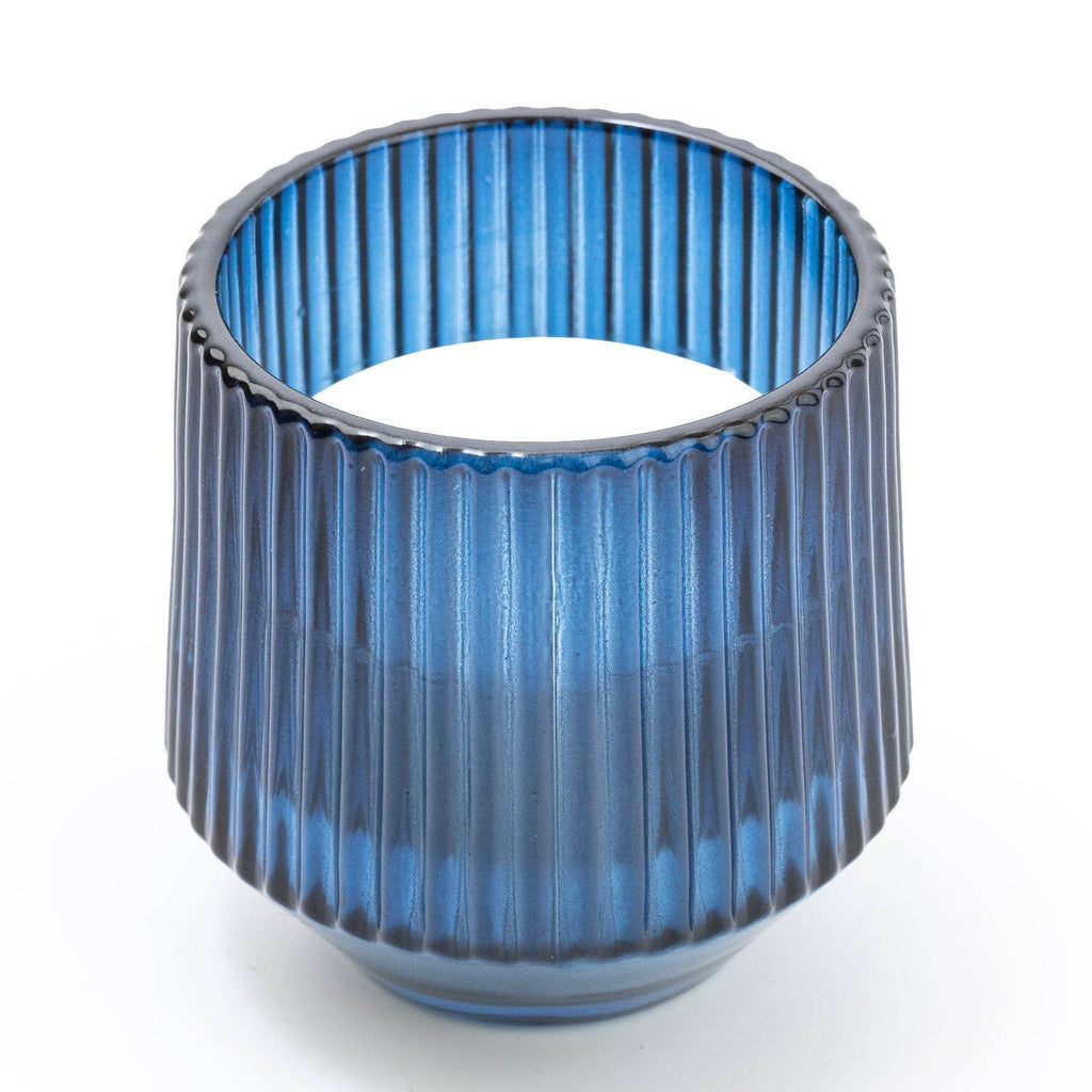 Blue Small Ridged Glass Candle Midnight Pomegranate Scent 8cm - Distinctly Living