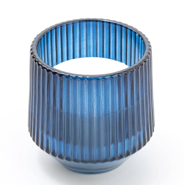 Blue Small Ridged Glass Candle Midnight Pomegranate Scent 8cm - Distinctly Living