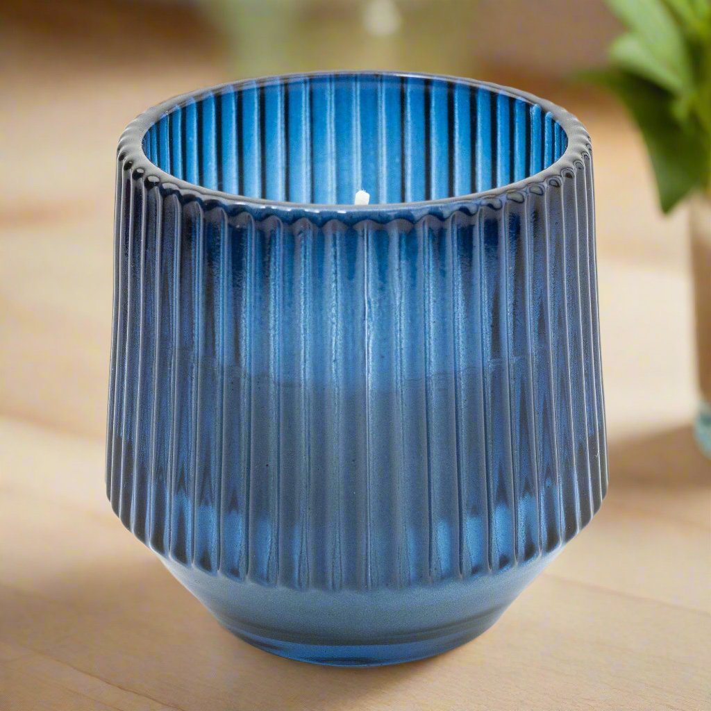 Blue Small Ridged Glass Candle Midnight Pomegranate Scent 8cm - Distinctly Living