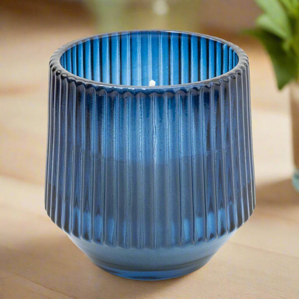 Blue Small Ridged Glass Candle Midnight Pomegranate Scent 8cm - Distinctly Living