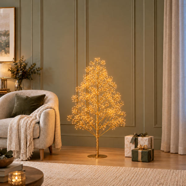 1.2m Branch Starburst LED Christmas Tree with warm white lights, shown beside an armchair with its gold base visible