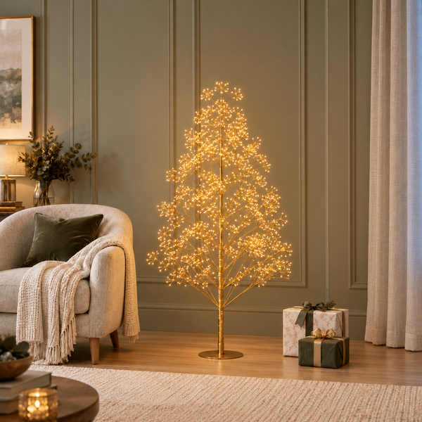 1.5m Branch Starburst LED Christmas Tree with warm white lights, shown beside an armchair with its gold base visible