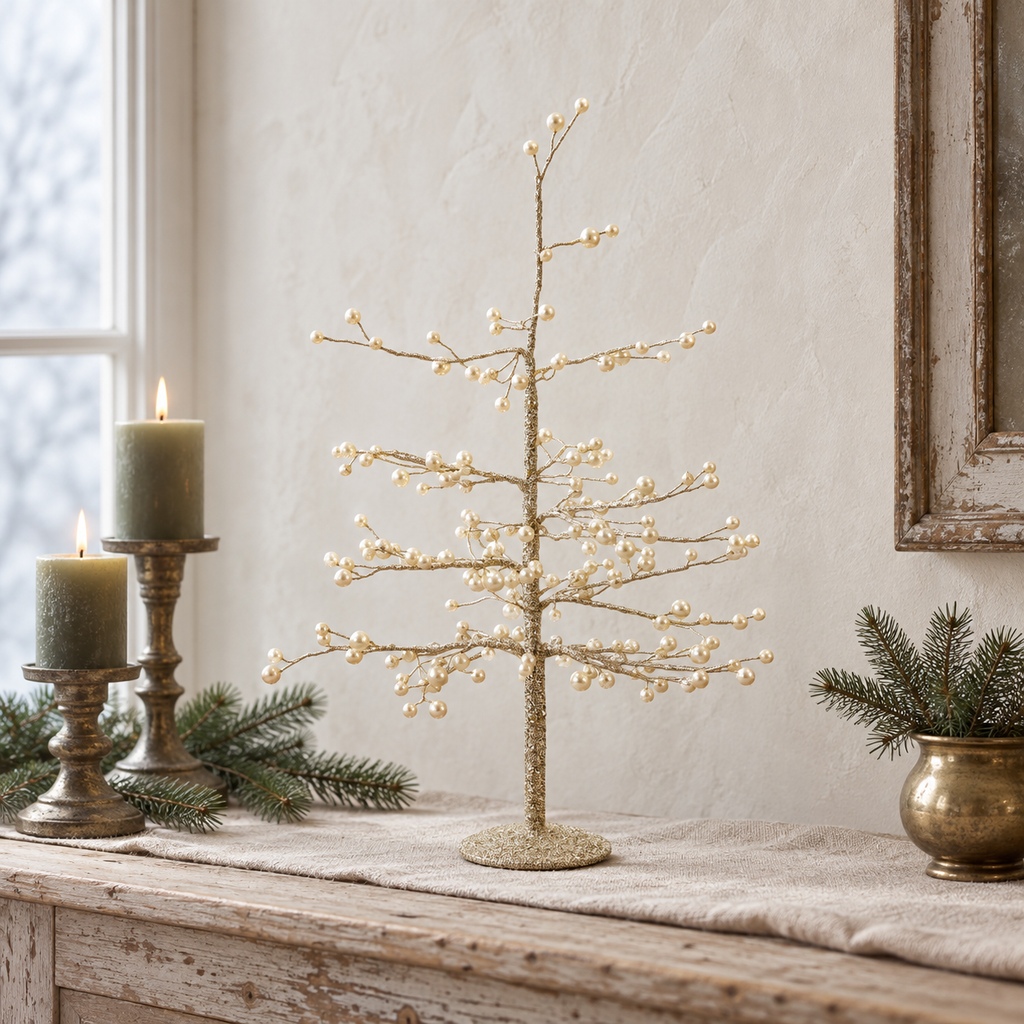 Celeste pearl and gold Christmas tree styled on a pale wood console