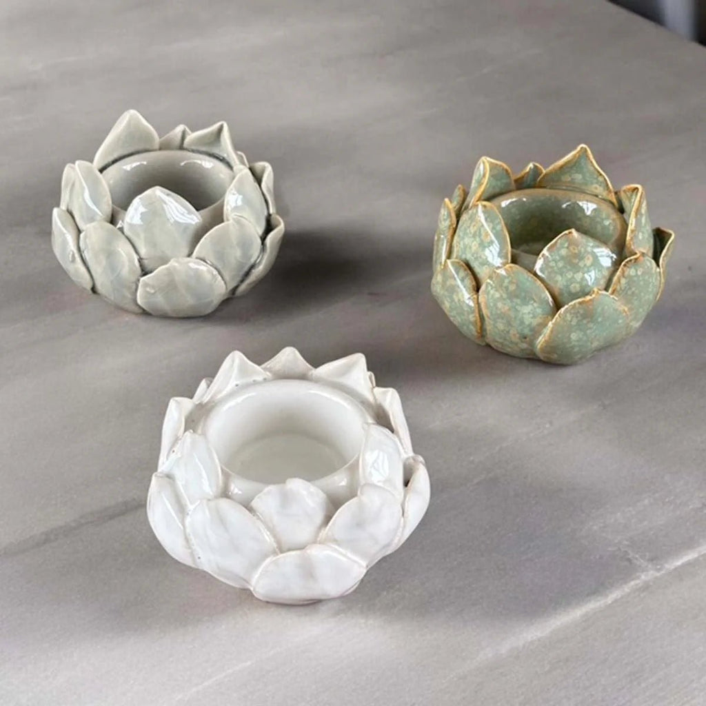 Ceramic Lotus Flower Tealight Holder - Grey or Green - Distinctly Living