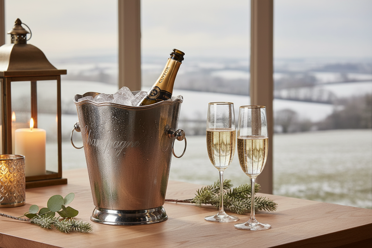 Champagne bucket with Christmas countryside window view