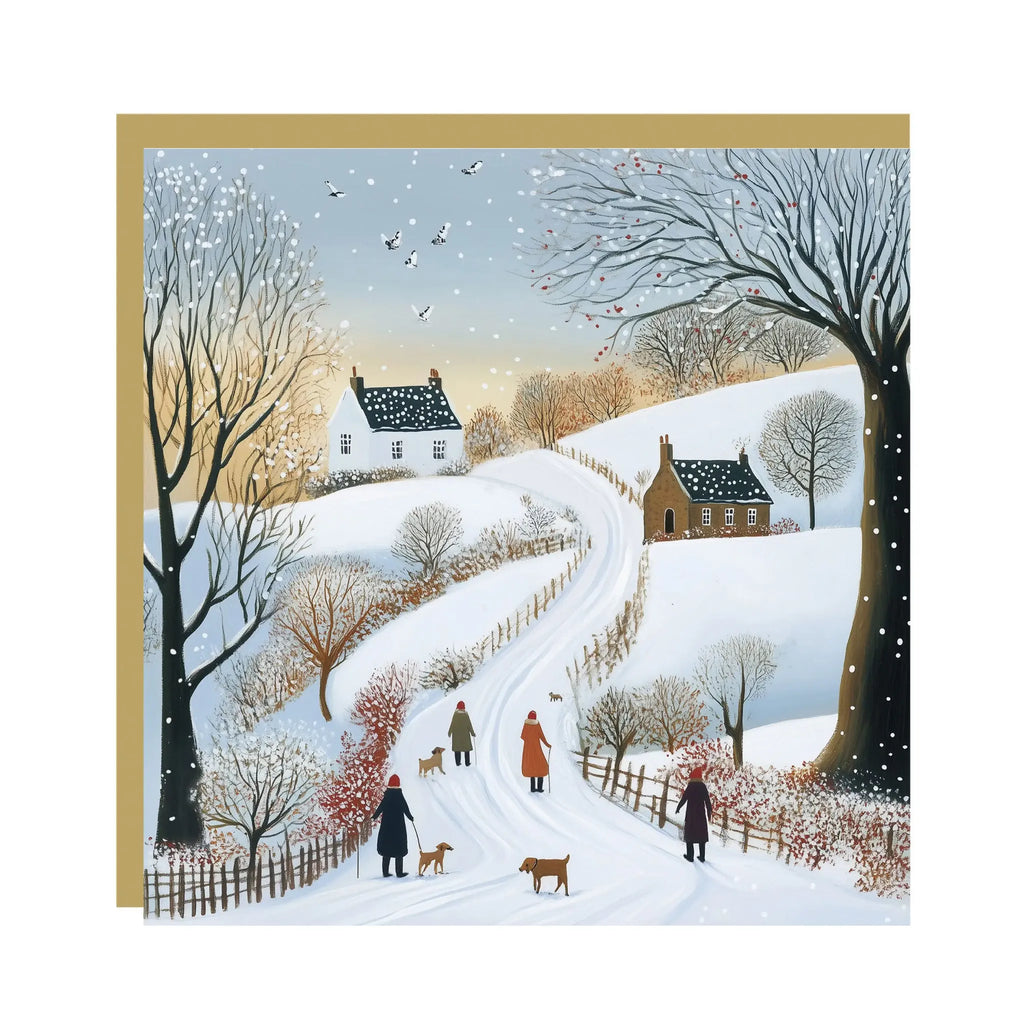 Christmas Eve Snowfall Card original snowy country lane artwork and gold envelope